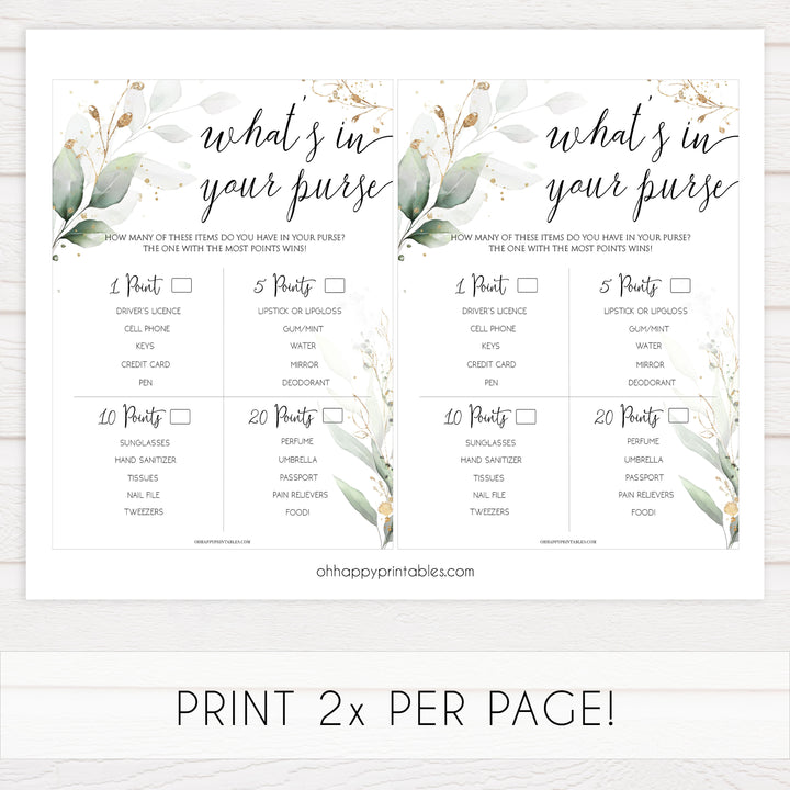 whats in your purse game, Printable bridal shower games, greenery bridal shower, gold leaf bridal shower games, fun bridal shower games, bridal shower game ideas, greenery bridal shower