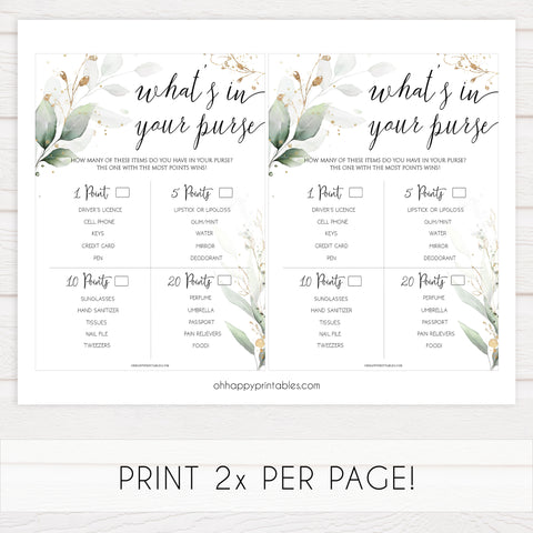 whats in your purse game, Printable bridal shower games, greenery bridal shower, gold leaf bridal shower games, fun bridal shower games, bridal shower game ideas, greenery bridal shower