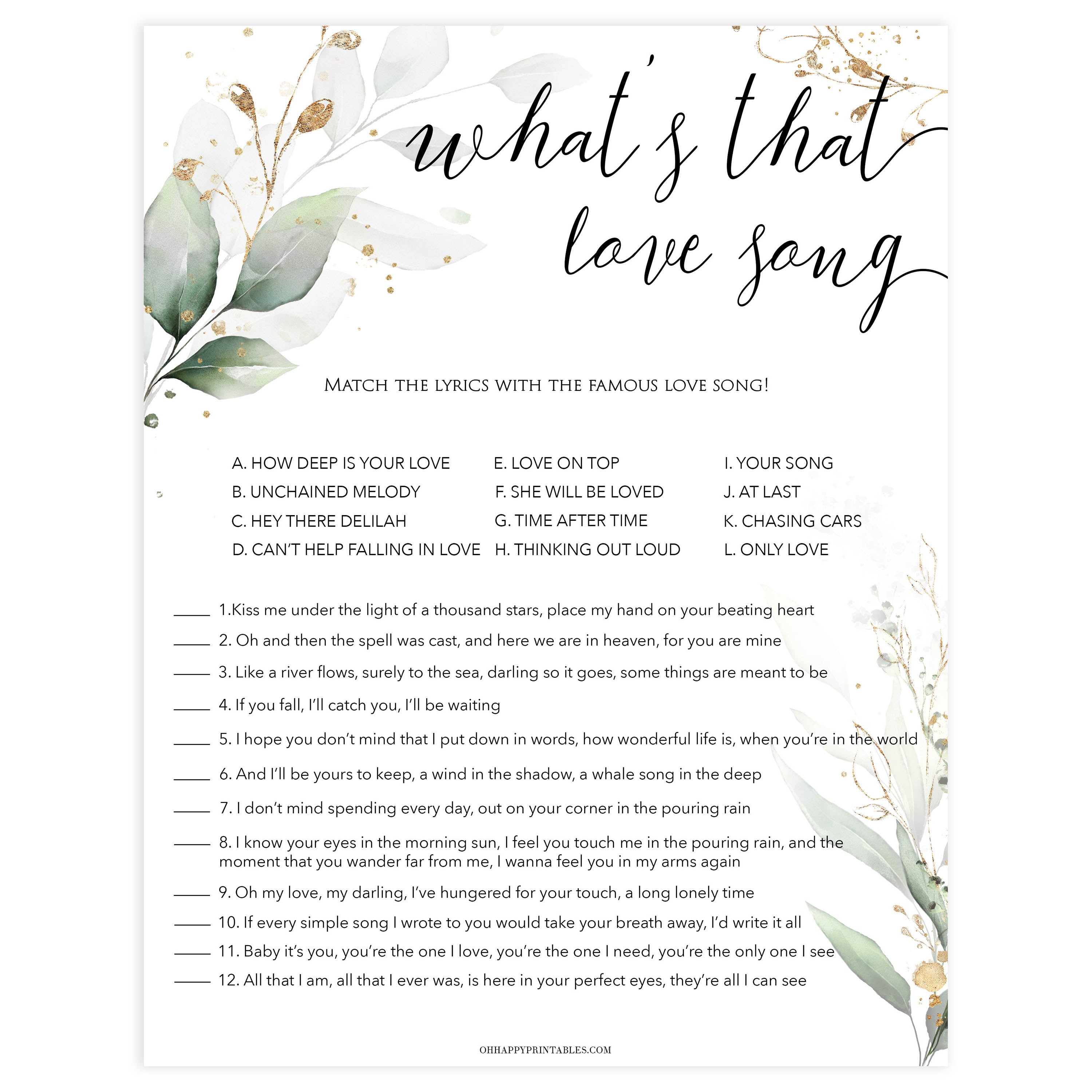 whats that love song game, Printable bridal shower games, greenery bridal shower, gold leaf bridal shower games, fun bridal shower games, bridal shower game ideas, greenery bridal shower