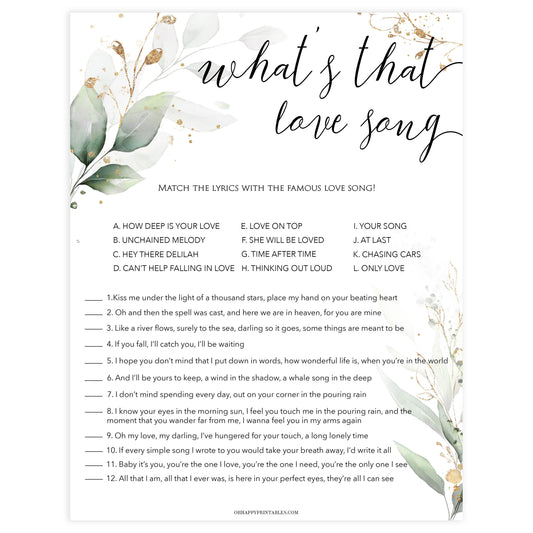 whats that love song game, Printable bridal shower games, greenery bridal shower, gold leaf bridal shower games, fun bridal shower games, bridal shower game ideas, greenery bridal shower