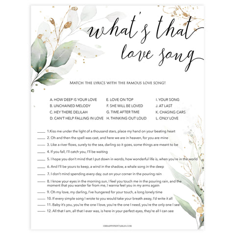 whats that love song game, Printable bridal shower games, greenery bridal shower, gold leaf bridal shower games, fun bridal shower games, bridal shower game ideas, greenery bridal shower