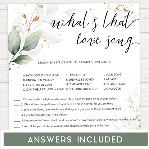 whats that love song game, Printable bridal shower games, greenery bridal shower, gold leaf bridal shower games, fun bridal shower games, bridal shower game ideas, greenery bridal shower