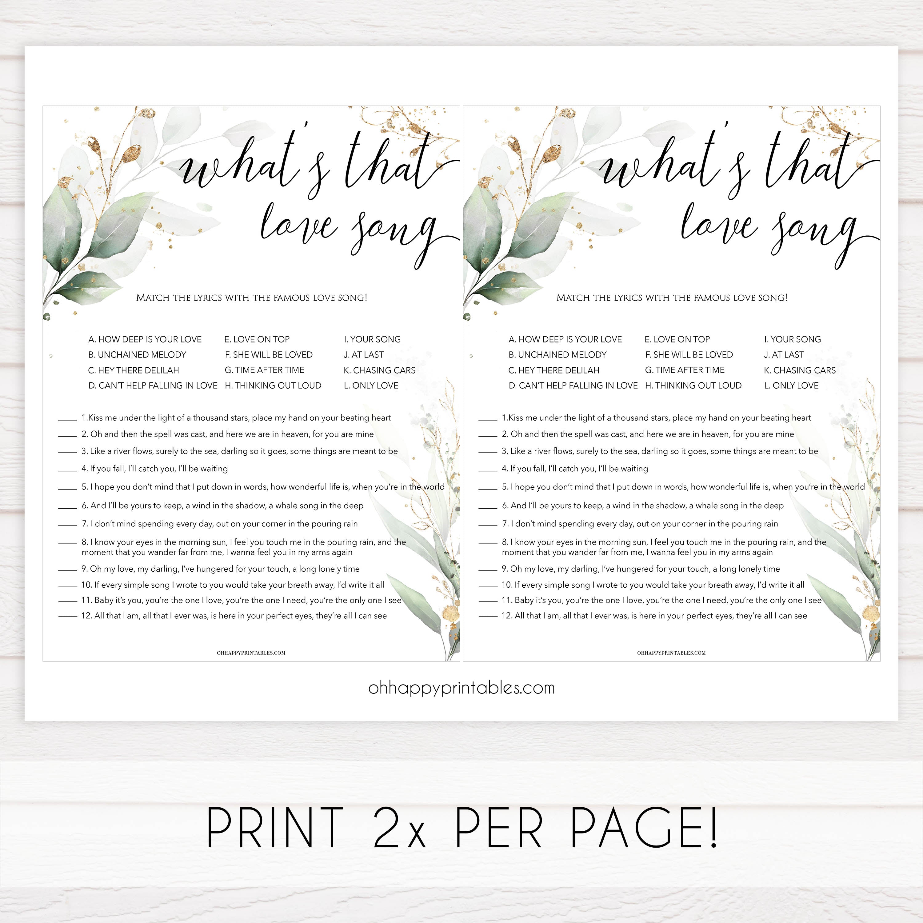 whats that love song game, Printable bridal shower games, greenery bridal shower, gold leaf bridal shower games, fun bridal shower games, bridal shower game ideas, greenery bridal shower