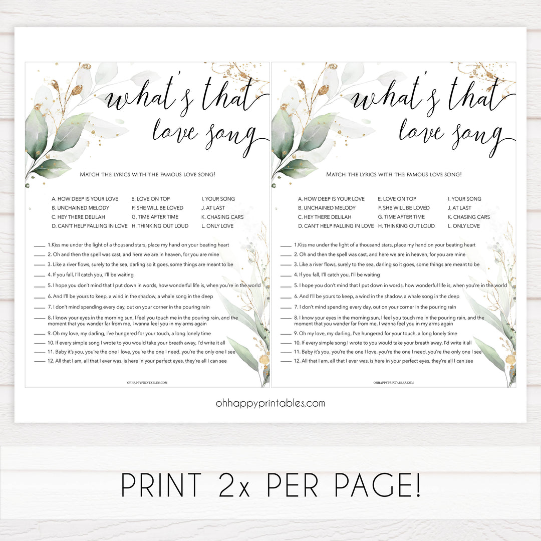 whats that love song game, Printable bridal shower games, greenery bridal shower, gold leaf bridal shower games, fun bridal shower games, bridal shower game ideas, greenery bridal shower