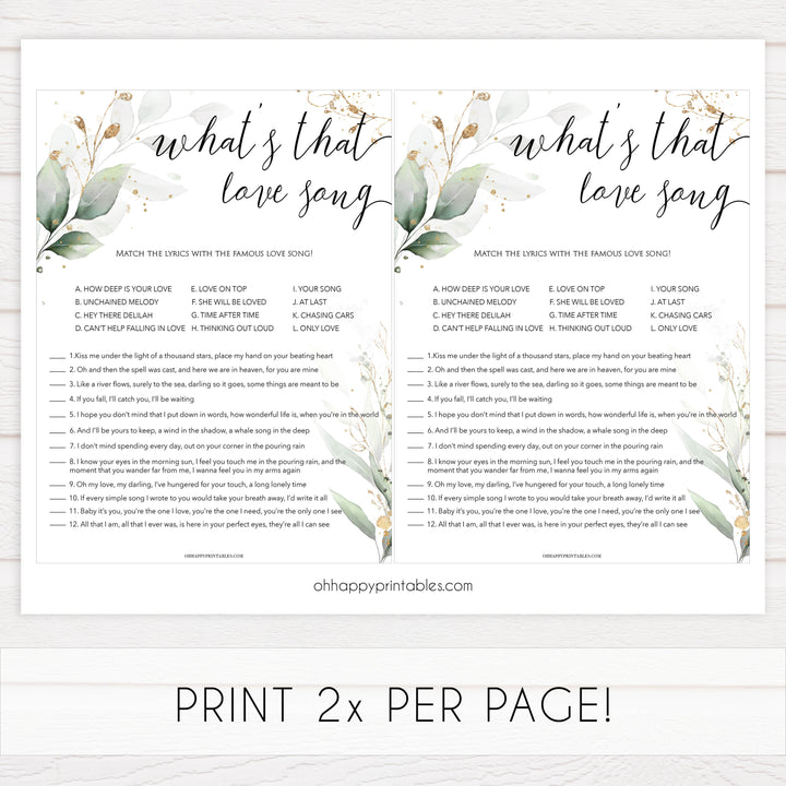 whats that love song game, Printable bridal shower games, greenery bridal shower, gold leaf bridal shower games, fun bridal shower games, bridal shower game ideas, greenery bridal shower