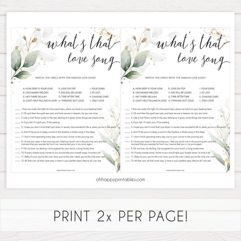 whats that love song game, Printable bridal shower games, greenery bridal shower, gold leaf bridal shower games, fun bridal shower games, bridal shower game ideas, greenery bridal shower