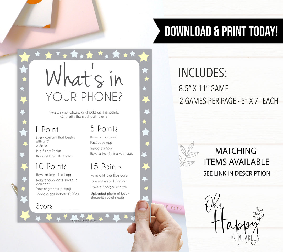 Grey Yellow Star Whats In Your Phone Baby Game, Baby Games, Printable Baby Shower Games, Whats on Your Phone, Baby Shower Phone Game, fun baby shower games, popular baby shower games