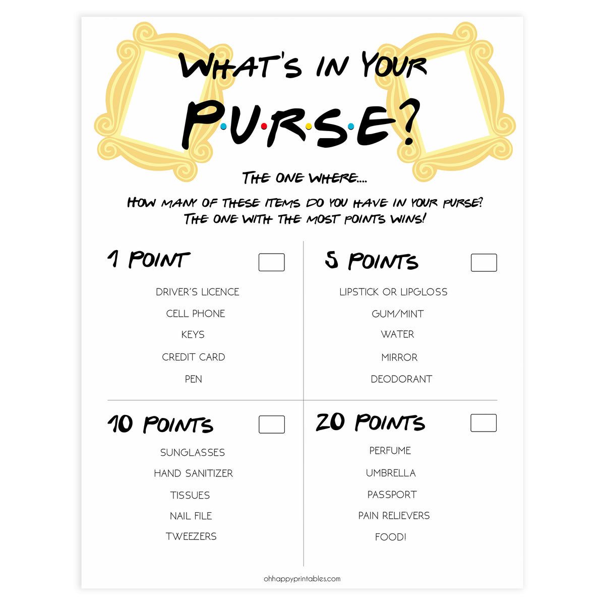 Whats in your Purse Game | Shop Printable Bridal Shower Games –  OhHappyPrintables