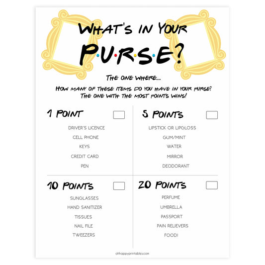 whats in your purse, bridal whats in your purse game, Printable bridal shower games, friends bridal shower, friends bridal shower games, fun bridal shower games, bridal shower game ideas, friends bridal shower