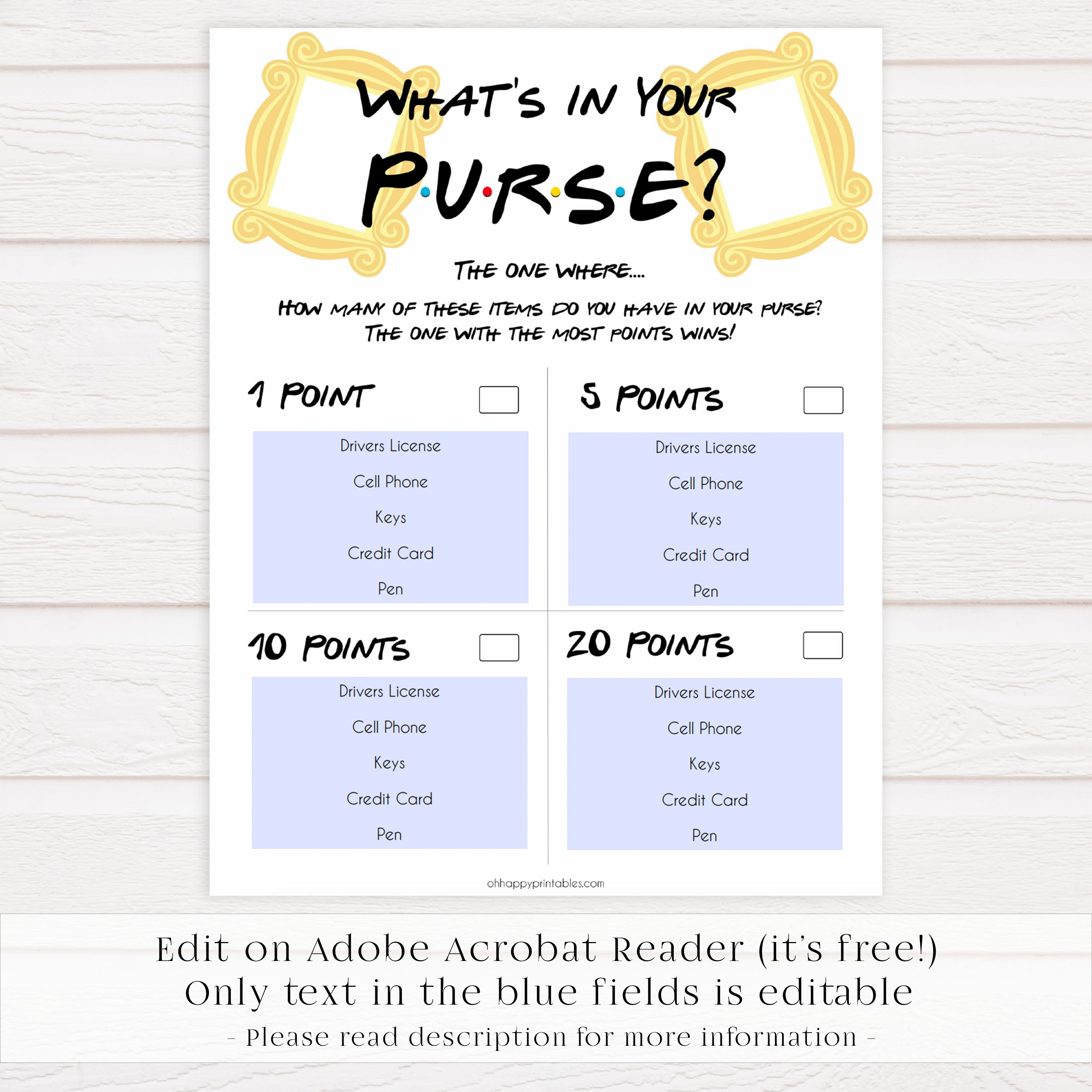 whats in your purse, bridal whats in your purse game, Printable bridal shower games, friends bridal shower, friends bridal shower games, fun bridal shower games, bridal shower game ideas, friends bridal shower