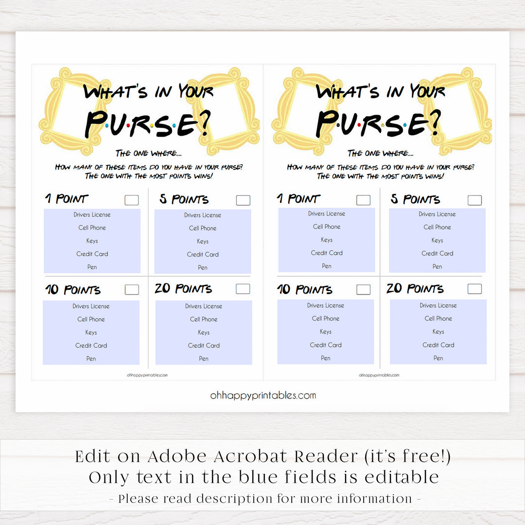 whats in your purse, bridal whats in your purse game, Printable bridal shower games, friends bridal shower, friends bridal shower games, fun bridal shower games, bridal shower game ideas, friends bridal shower
