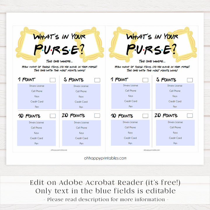 whats in your purse, bridal whats in your purse game, Printable bridal shower games, friends bridal shower, friends bridal shower games, fun bridal shower games, bridal shower game ideas, friends bridal shower