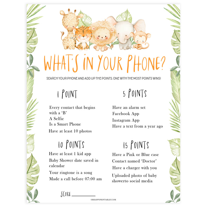 whats in your phone game, Printable baby shower games, safari animals baby games, baby shower games, fun baby shower ideas, top baby shower ideas, safari animals baby shower, baby shower games, fun baby shower ideas