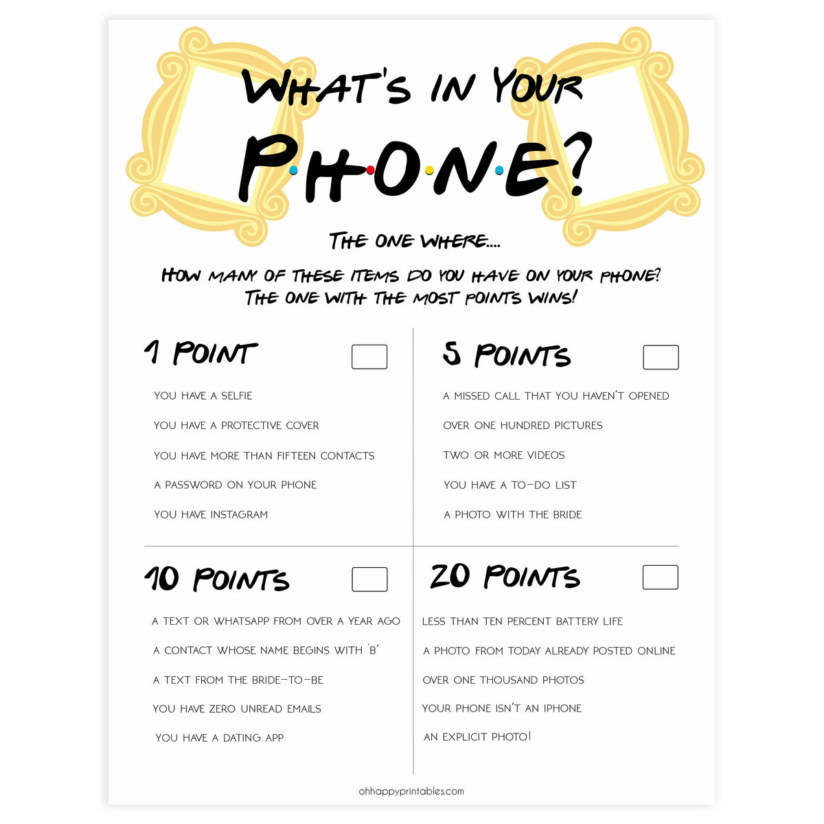 What’s on Your Phone Game | Friends Printable Bridal Shower Games