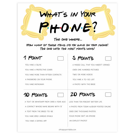 whats in your phone game, bridal whats in your phone, Printable bridal shower games, friends bridal shower, friends bridal shower games, fun bridal shower games, bridal shower game ideas, friends bridal shower