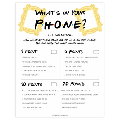 whats in your phone game, bridal whats in your phone, Printable bridal shower games, friends bridal shower, friends bridal shower games, fun bridal shower games, bridal shower game ideas, friends bridal shower