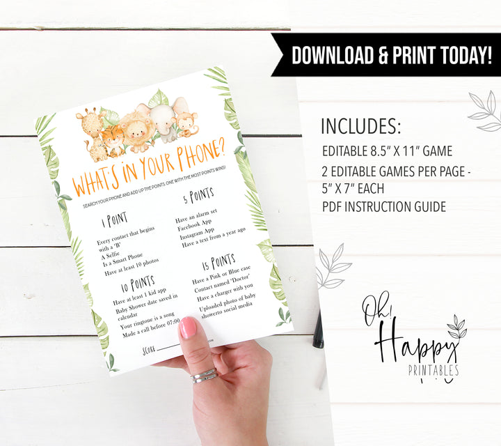 whats in your phone game, Printable baby shower games, safari animals baby games, baby shower games, fun baby shower ideas, top baby shower ideas, safari animals baby shower, baby shower games, fun baby shower ideas