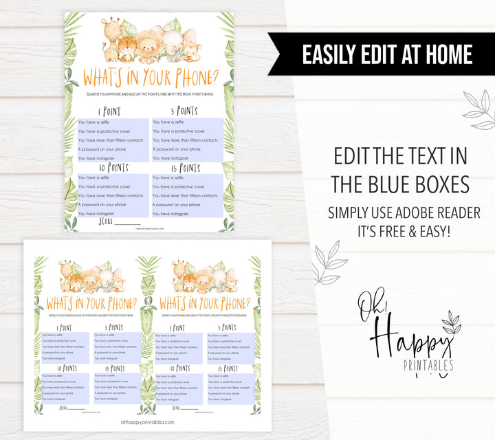 whats in your phone game, Printable baby shower games, safari animals baby games, baby shower games, fun baby shower ideas, top baby shower ideas, safari animals baby shower, baby shower games, fun baby shower ideas