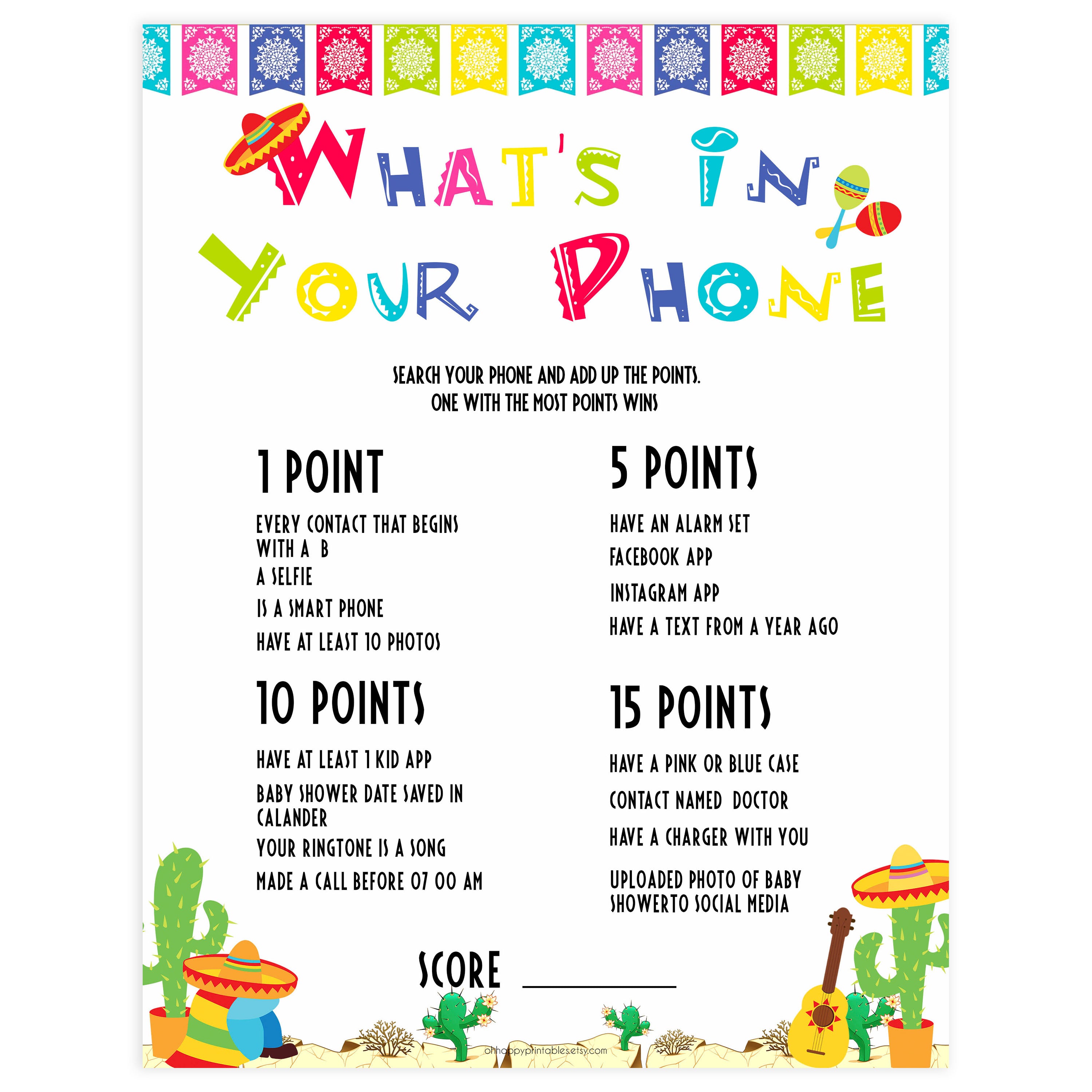 whats in your phone baby game, Printable baby shower games, Mexican fiesta fun baby games, baby shower games, fun baby shower ideas, top baby shower ideas, fiesta shower baby shower, fiesta baby shower ideas