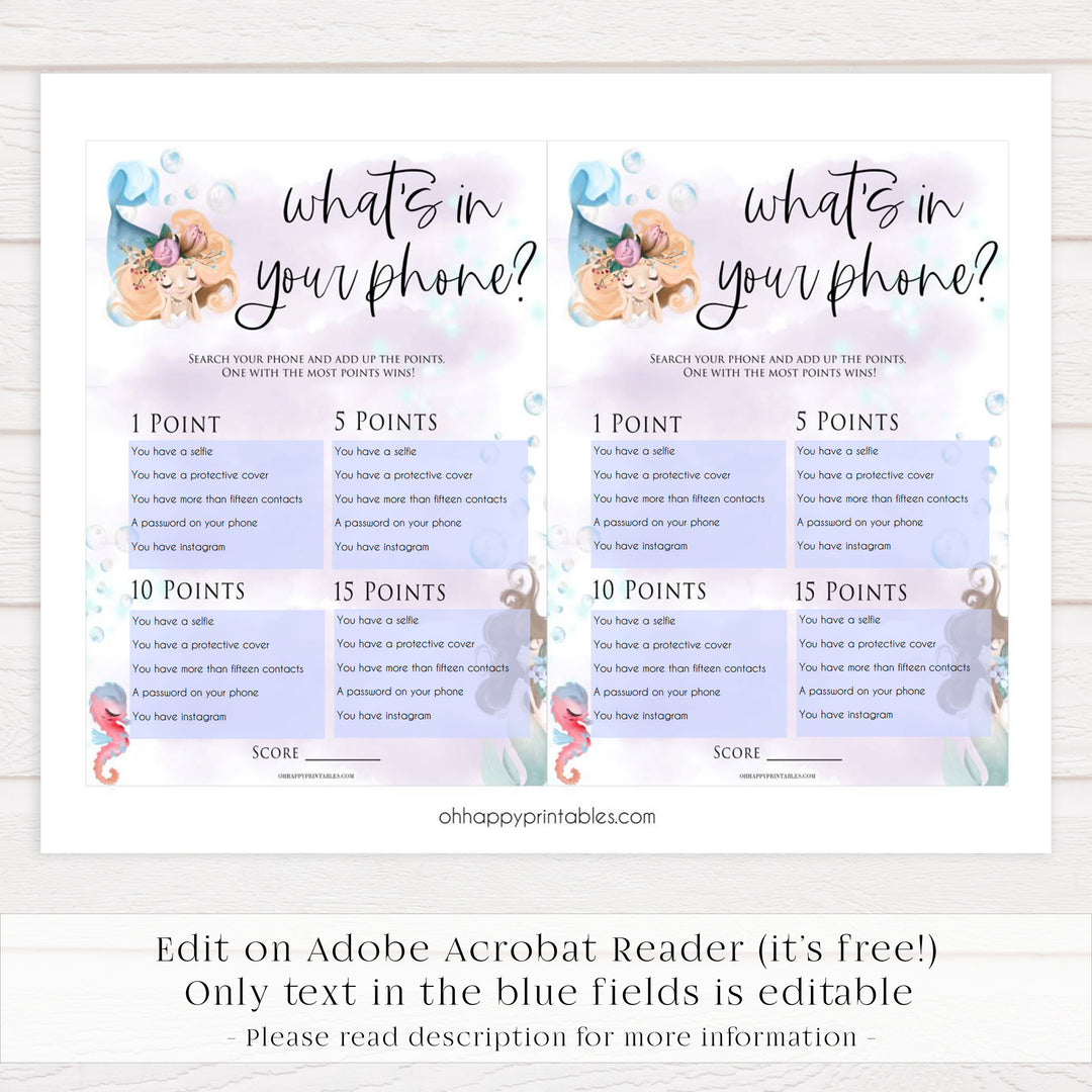 editable whats in your phone game, Printable baby shower games, little mermaid baby games, baby shower games, fun baby shower ideas, top baby shower ideas, little mermaid baby shower, baby shower games, pink hearts baby shower ideas