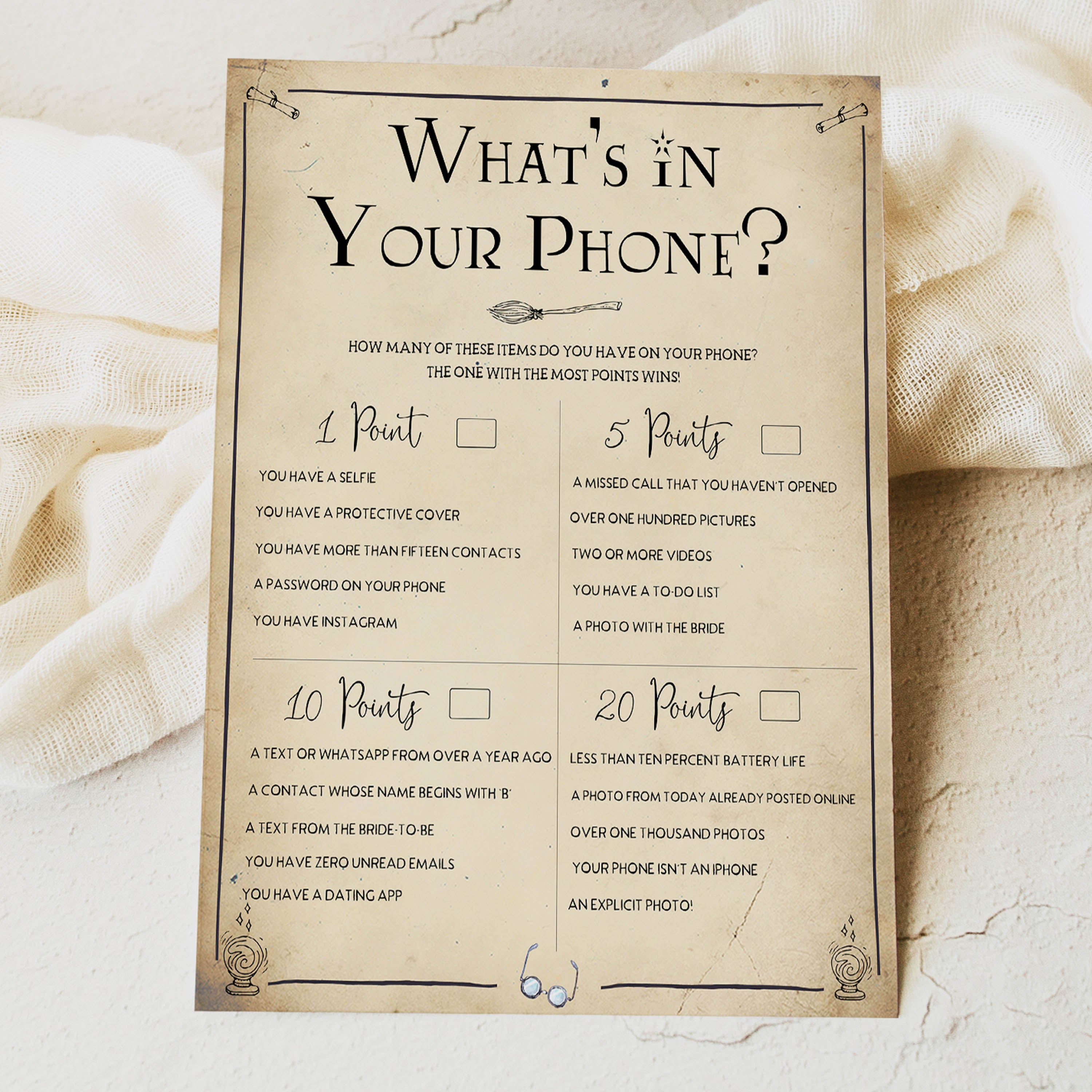 whats in your phone game, Printable bridal shower games, Harry potter bridal shower, Harry Potter bridal shower games, fun bridal shower games, bridal shower game ideas, Harry Potter bridal shower