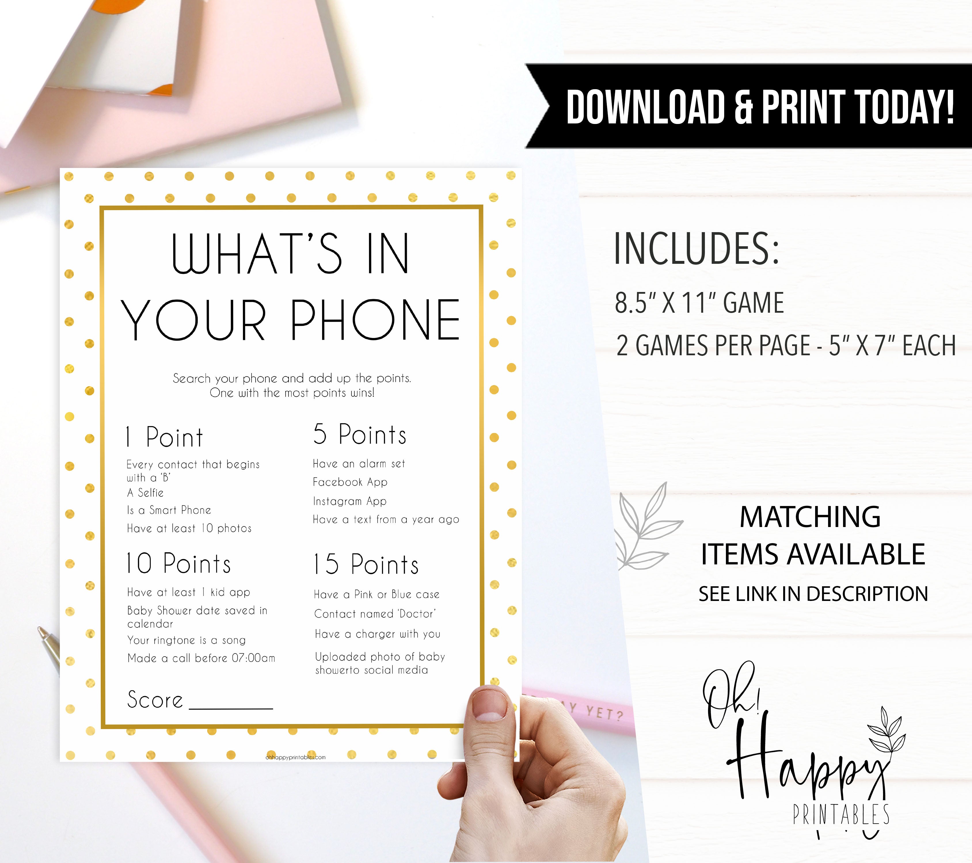 whats in your phone game, Printable baby shower games, baby gold dots fun baby games, baby shower games, fun baby shower ideas, top baby shower ideas, gold glitter shower baby shower, friends baby shower ideas