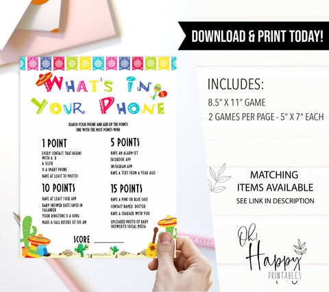 whats in your phone baby game, Printable baby shower games, Mexican fiesta fun baby games, baby shower games, fun baby shower ideas, top baby shower ideas, fiesta shower baby shower, fiesta baby shower ideas