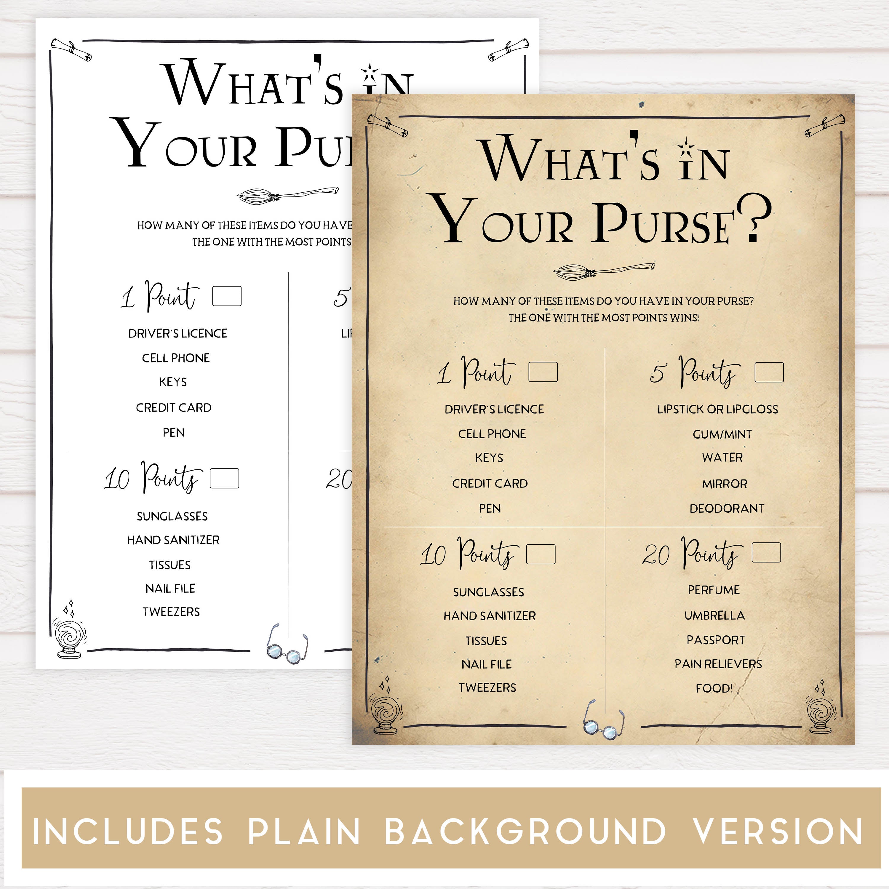 whats in your purse game, bridal whats in your purse,  Printable bridal shower games, Harry potter bridal shower, Harry Potter bridal shower games, fun bridal shower games, bridal shower game ideas, Harry Potter bridal shower