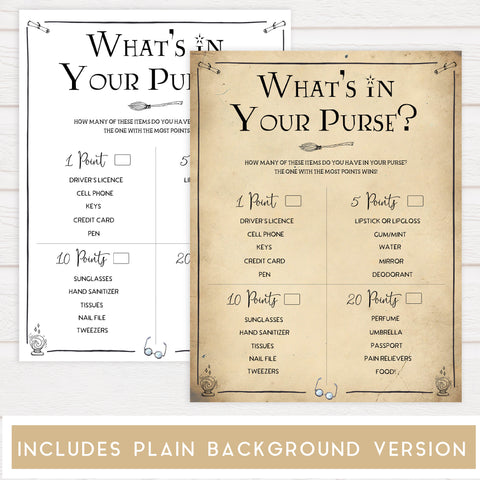whats in your purse game, bridal whats in your purse,  Printable bridal shower games, Harry potter bridal shower, Harry Potter bridal shower games, fun bridal shower games, bridal shower game ideas, Harry Potter bridal shower