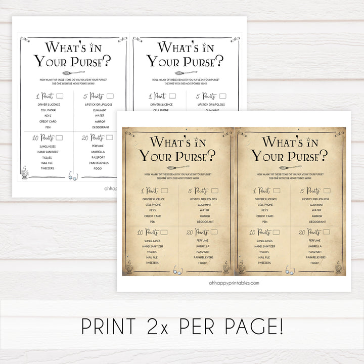 whats in your purse game, bridal whats in your purse,  Printable bridal shower games, Harry potter bridal shower, Harry Potter bridal shower games, fun bridal shower games, bridal shower game ideas, Harry Potter bridal shower