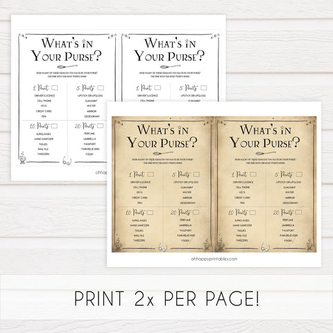 whats in your purse game, bridal whats in your purse,  Printable bridal shower games, Harry potter bridal shower, Harry Potter bridal shower games, fun bridal shower games, bridal shower game ideas, Harry Potter bridal shower