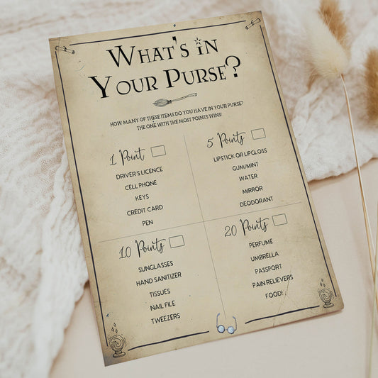 whats in your purse game, bridal whats in your purse,  Printable bridal shower games, Harry potter bridal shower, Harry Potter bridal shower games, fun bridal shower games, bridal shower game ideas, Harry Potter bridal shower