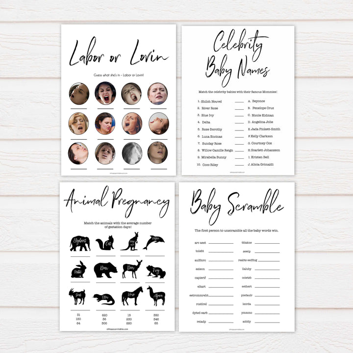 10 white gender neutral baby shower games, printable baby games, porn or labor, baby bump or beer belly, fun baby games, popular baby games