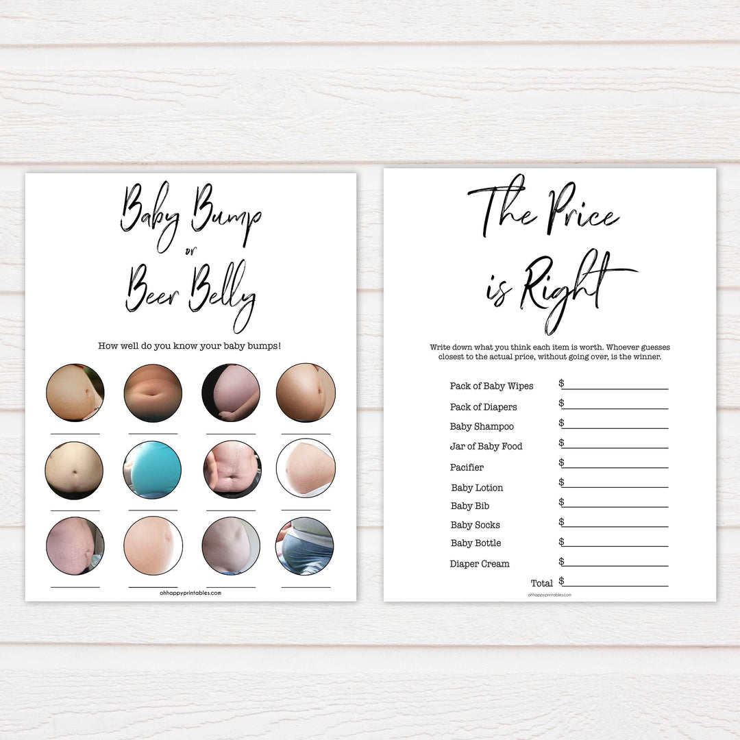 10 white gender neutral baby shower games, printable baby games, porn or labor, baby bump or beer belly, fun baby games, popular baby games