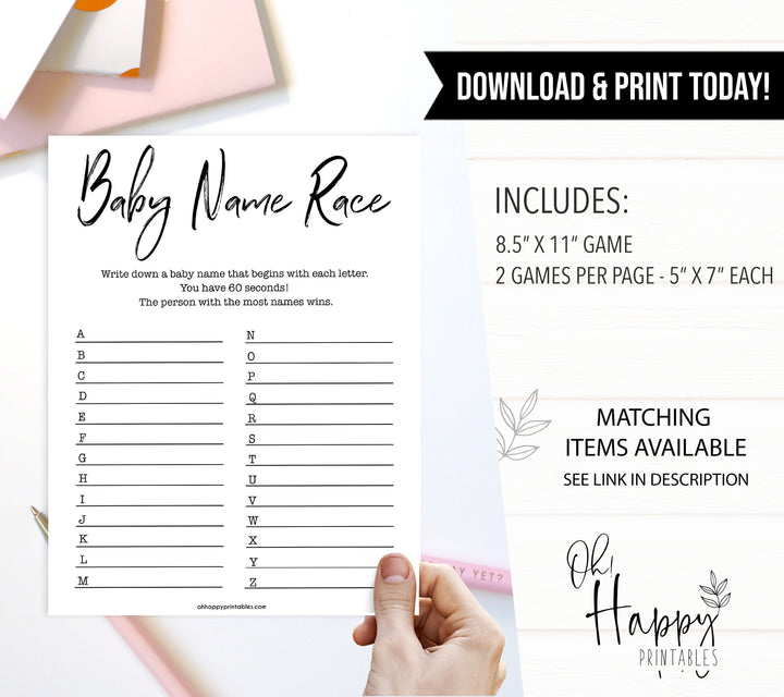 gender neutral baby shower games, baby name race, baby games, printable baby shower, popular baby games, fun baby games, baby shower games