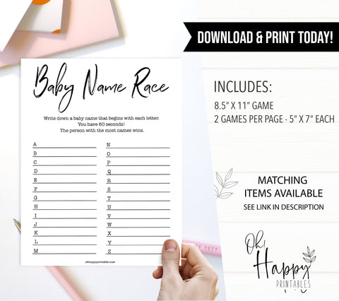 Minimalist baby shower games, baby name race baby games, 10 baby game bundles, fun baby games, printable baby games, top baby games, popular baby games, labor or porn games, neutral baby games, gender reveal games