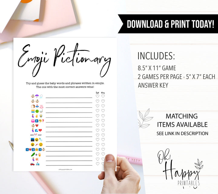 gender neutral baby shower games, emoji pictionary baby games, baby games, printable baby shower, popular baby games, fun baby games, baby shower games