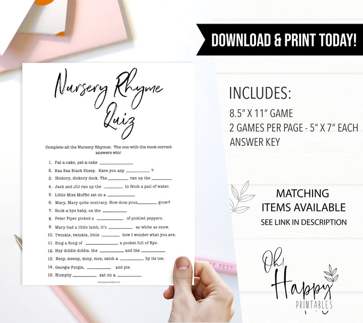 White Gender Neutral Nursery Rhyme Quiz, Baby Shower Games, Guess Nursery Rhyme, Baby Shower, Baby Shower Games, Name that Nursery Rhyme, funny baby games, popular baby games