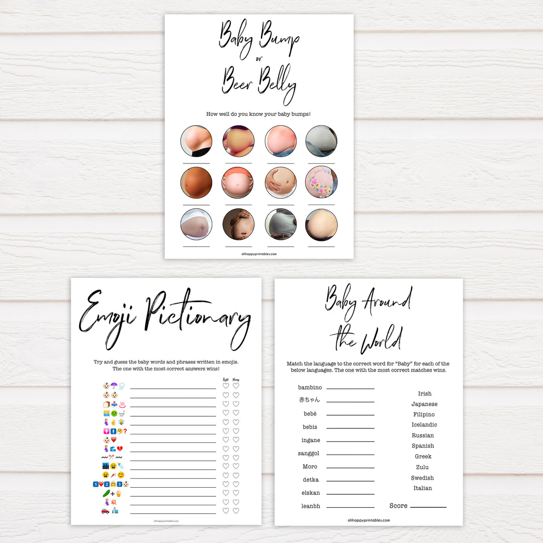 7 baby shower games, printable baby games, gender neutral baby shower games, white printable baby shower games, popular baby games, fun baby games