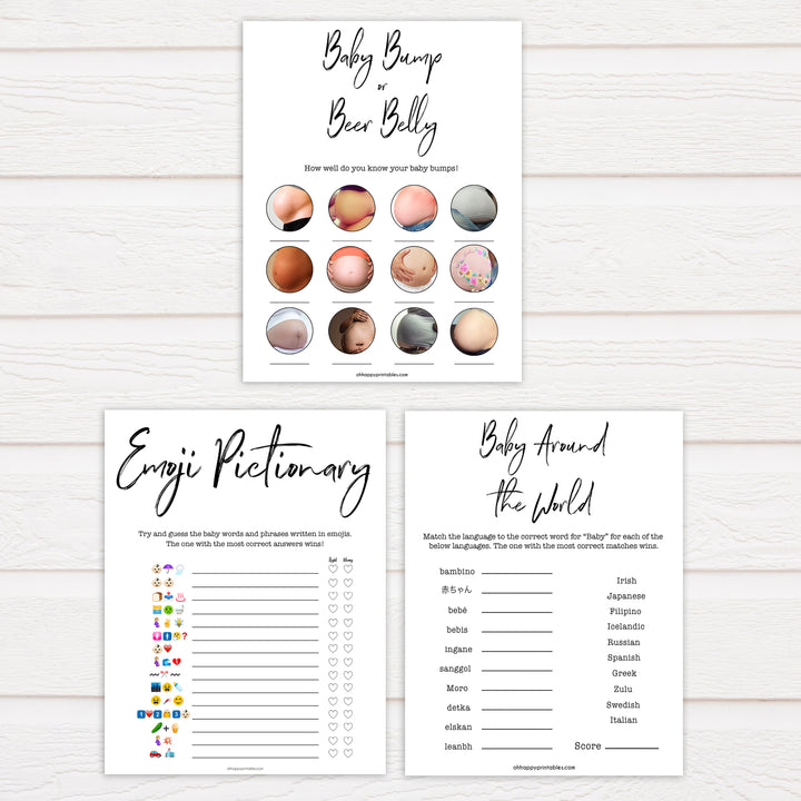 7 baby shower games, printable baby games, gender neutral baby shower games, white printable baby shower games, popular baby games, fun baby games