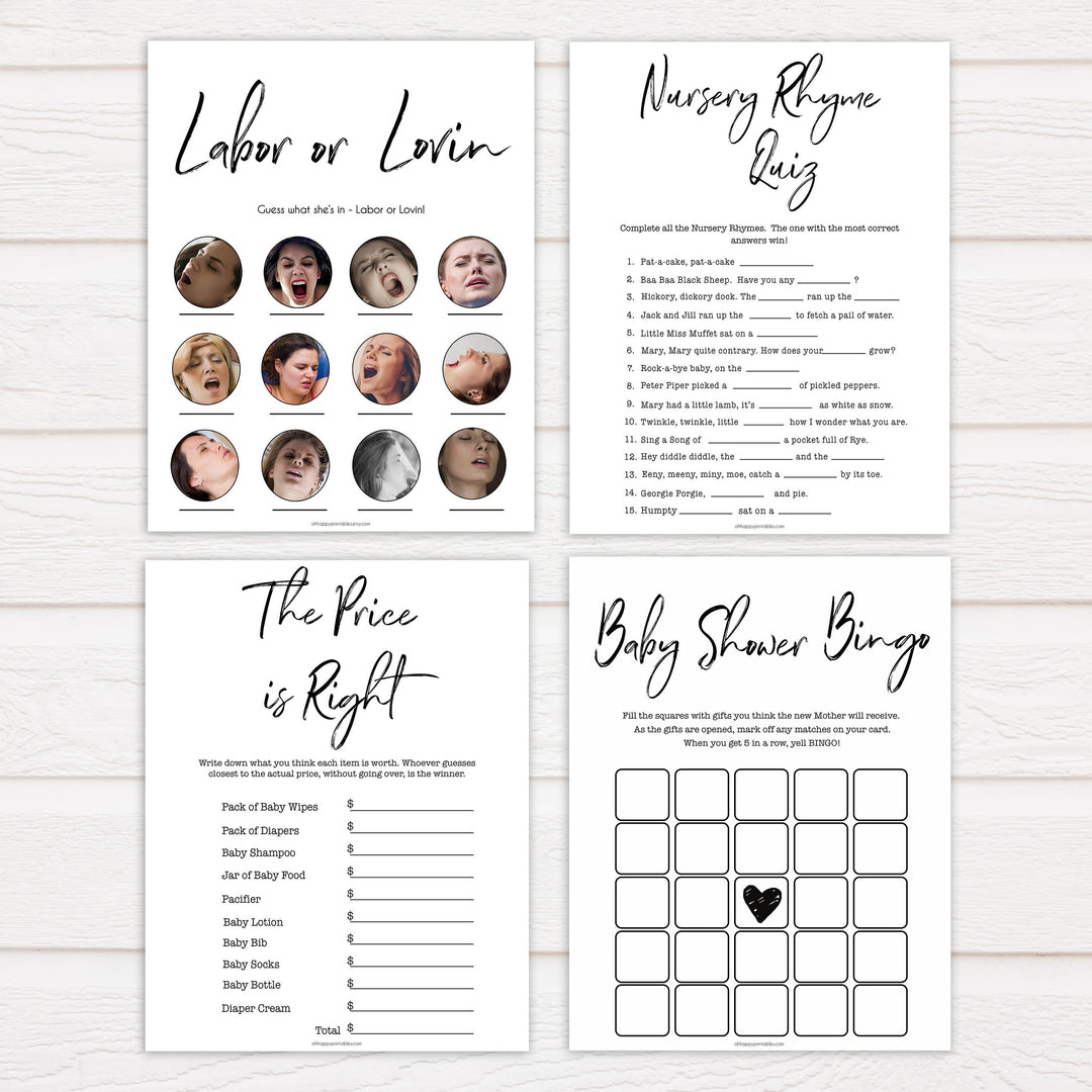 7 baby shower games, printable baby games, gender neutral baby shower games, white printable baby shower games, popular baby games, fun baby games