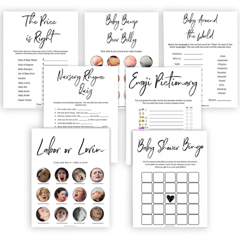 7 baby shower games, printable baby games, gender neutral baby shower games, white printable baby shower games, popular baby games, fun baby games