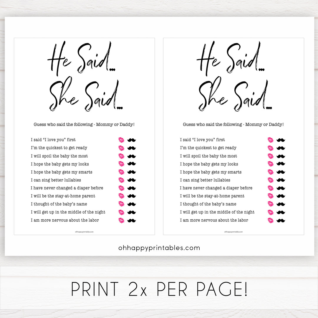 gender neutral baby shower games, he said she said, mommy or daddy game, baby games, printable baby shower, popular baby games, fun baby games, baby shower games