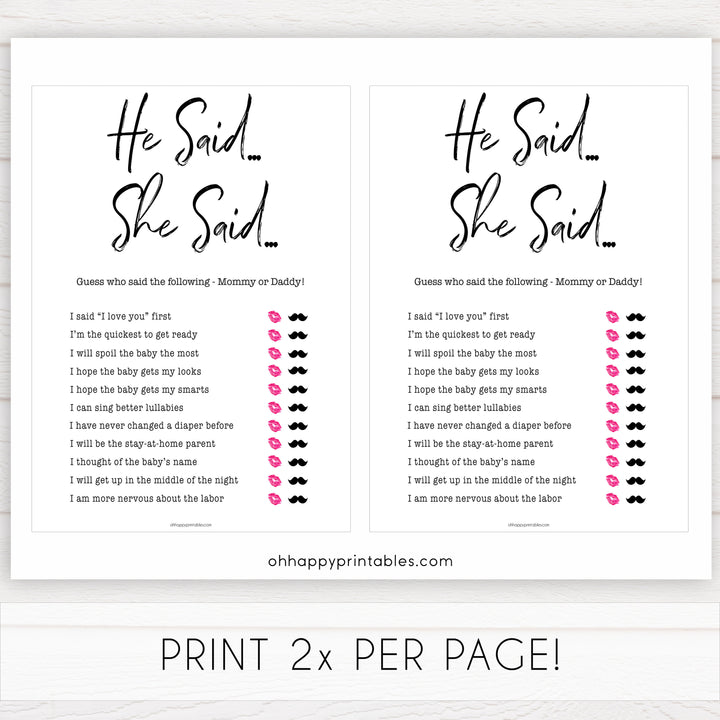 gender neutral baby shower games, he said she said, mommy or daddy game, baby games, printable baby shower, popular baby games, fun baby games, baby shower games