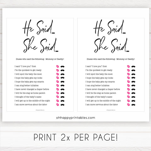 gender neutral baby shower games, he said she said, mommy or daddy game, baby games, printable baby shower, popular baby games, fun baby games, baby shower games