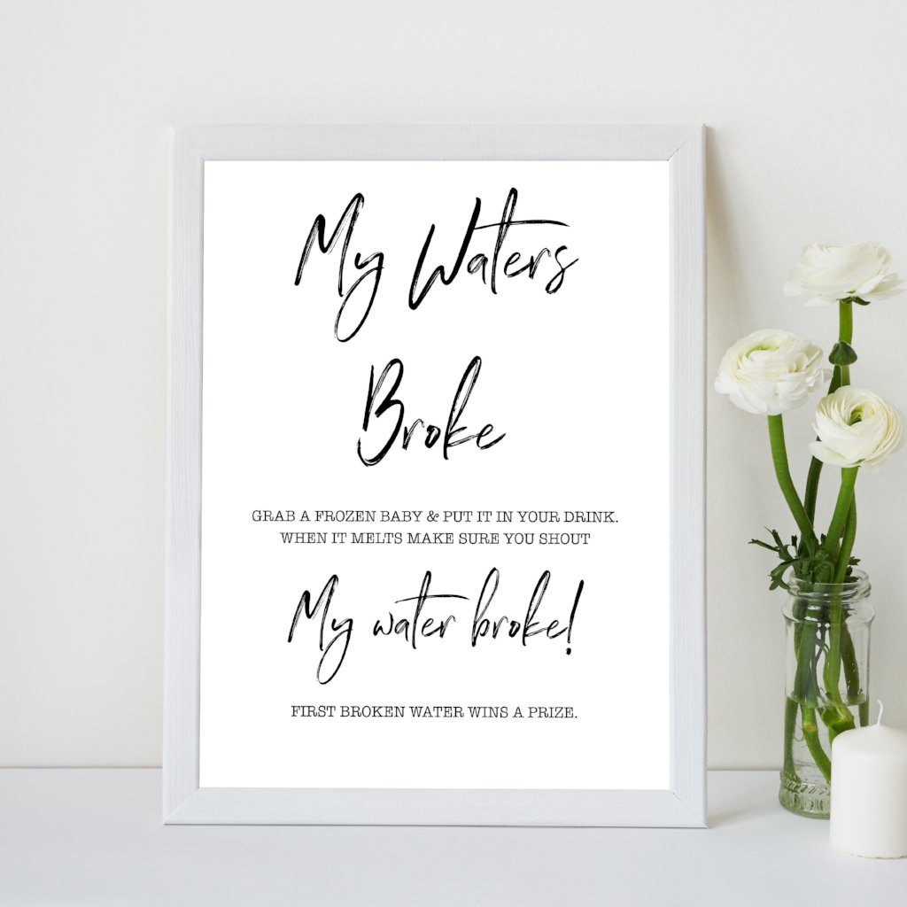 White Gender Neutral Waters Broke Game, Printable Baby Shower Games, Waters Broke Baby Game, My Waters Broke Game, Baby Shower Games, fun baby games, popular baby games