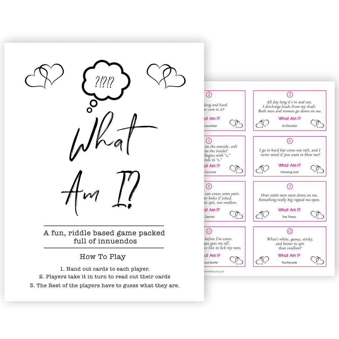 White Gender Neutral 24 What Am I Innuendo Baby Shower Games, Innuendo Riddle Baby Shower Games, What Am I Games, Gold Adult Baby Shower, fun baby games, popular baby games