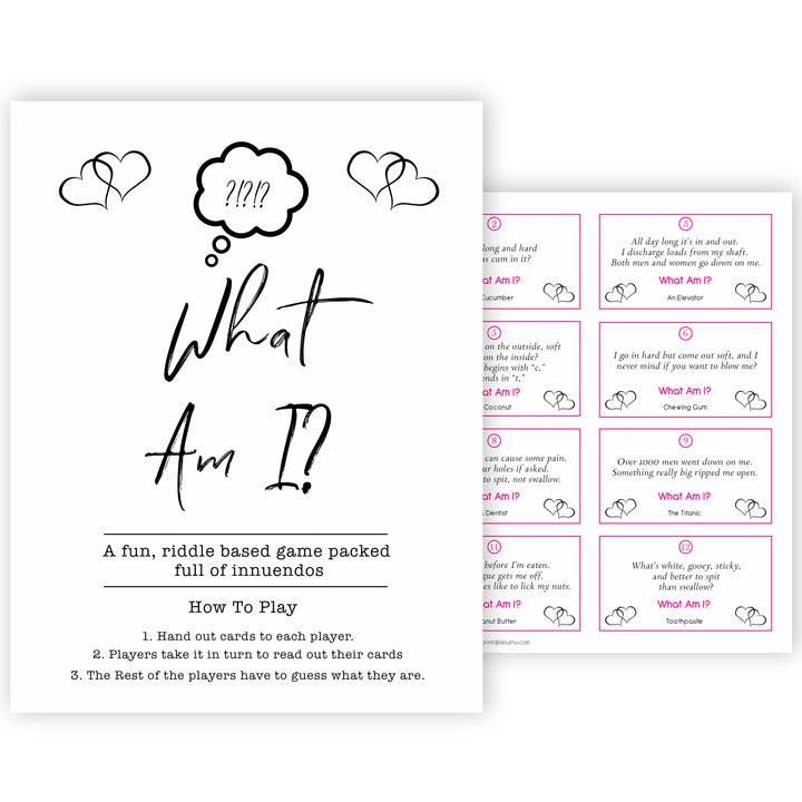 White Gender Neutral 24 What Am I Innuendo Baby Shower Games, Innuendo Riddle Baby Shower Games, What Am I Games, Gold Adult Baby Shower, fun baby games, popular baby games