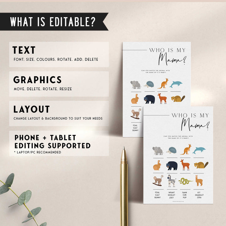 Printable baby shower game Who Is My Mama with a modern minimalist design