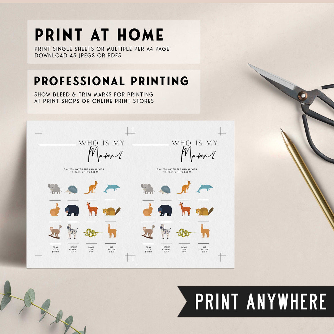 Printable baby shower game Who Is My Mama with a modern minimalist design